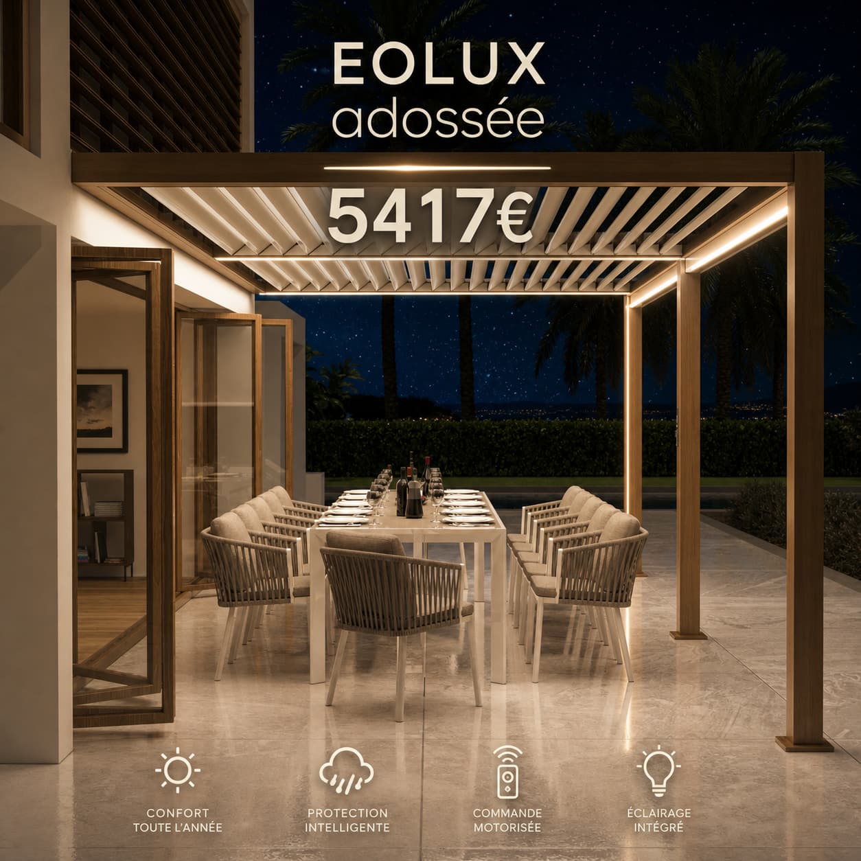 Pergola bioclimatique adossée à une maison contemporaine, avec éclairage LED intégré et lames orientables motorisées, ambiance chaleureuse du soir, coin salon confortable, texte