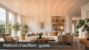 Salon moderne lumineux avec plafond rayonnant diffusant de douces ondes infrarouges, texte superposé 'Plafond chauffant : guide' en bas.