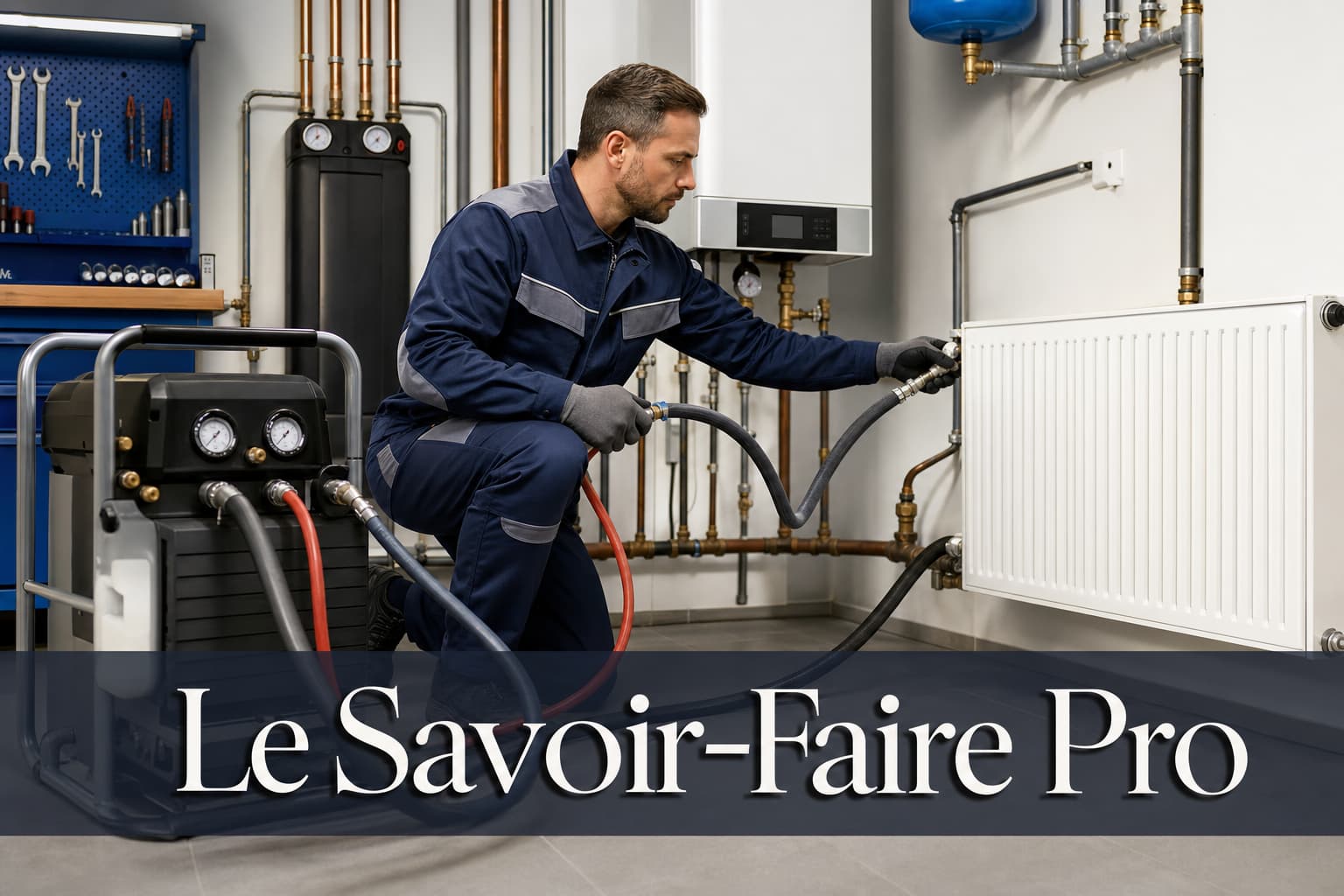 Un plombier en uniforme utilise une machine de rinçage hydraulique connectée à un radiateur moderne dans une chaufferie résidentielle, avec outils et équipement, et un texte incrusté