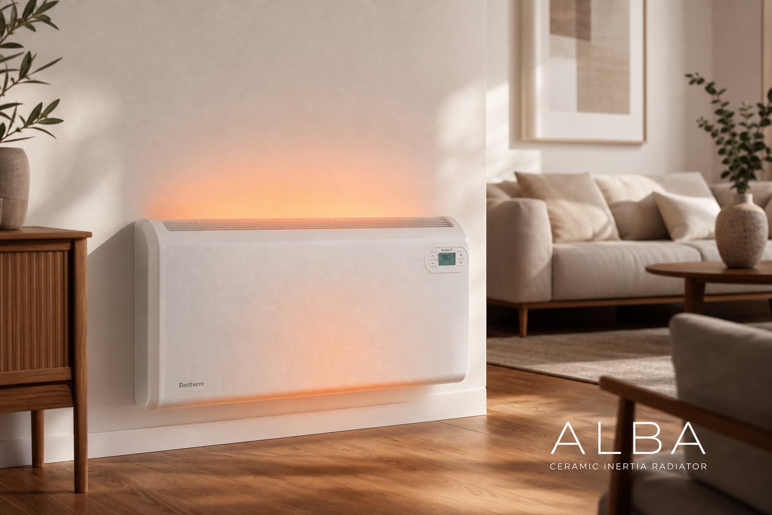 Un radiateur à inertie céramique Bestherm ALBA dans un coin de salon moderne, affichant la texture de son cœur en céramique, une douce lueur chaude, son thermostat, avec le texte