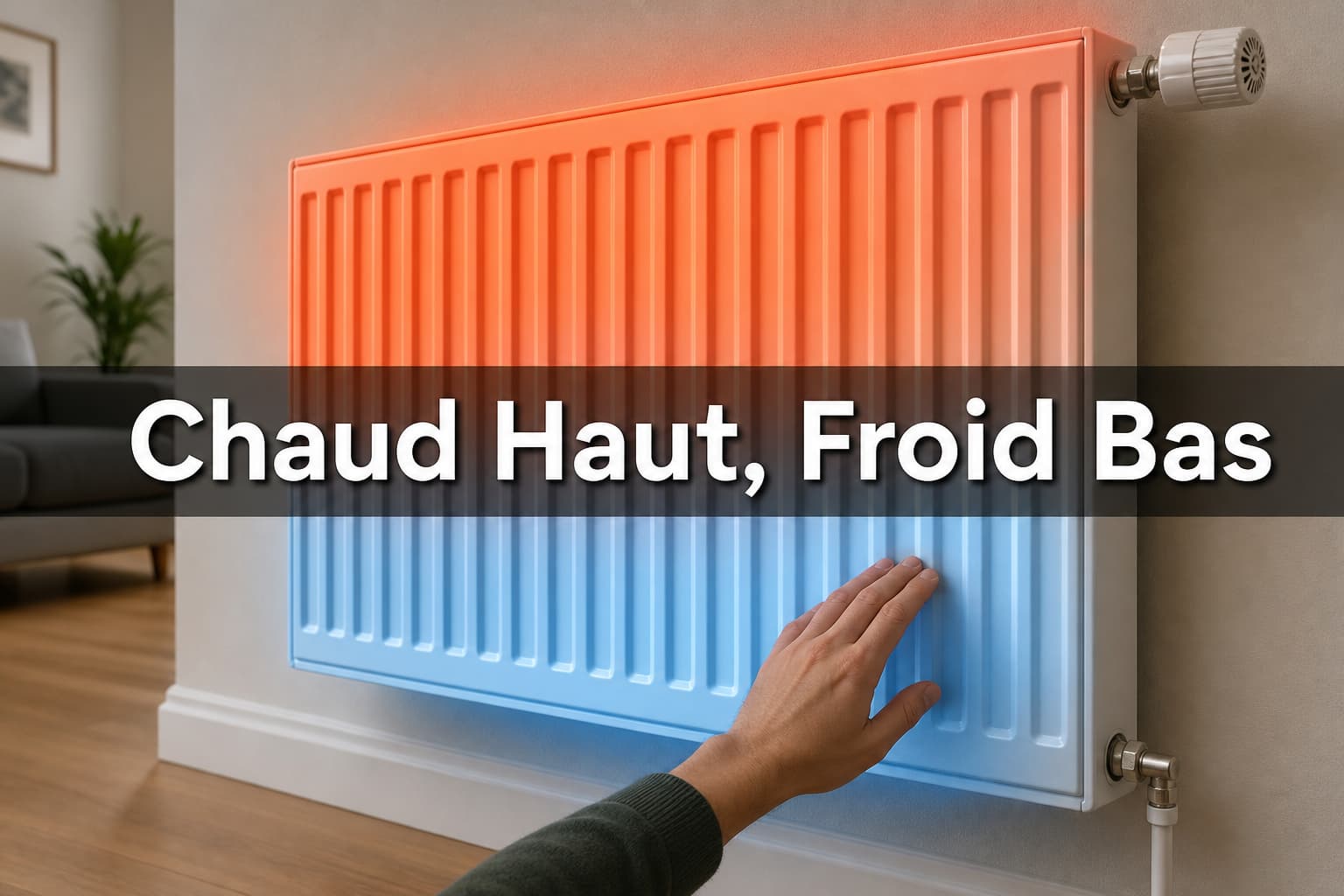 Radiateur domestique avec moitié supérieure rougeoyante indiquant la chaleur et moitié inférieure froide en bleu, une main touchant la surface froide, texte superposé