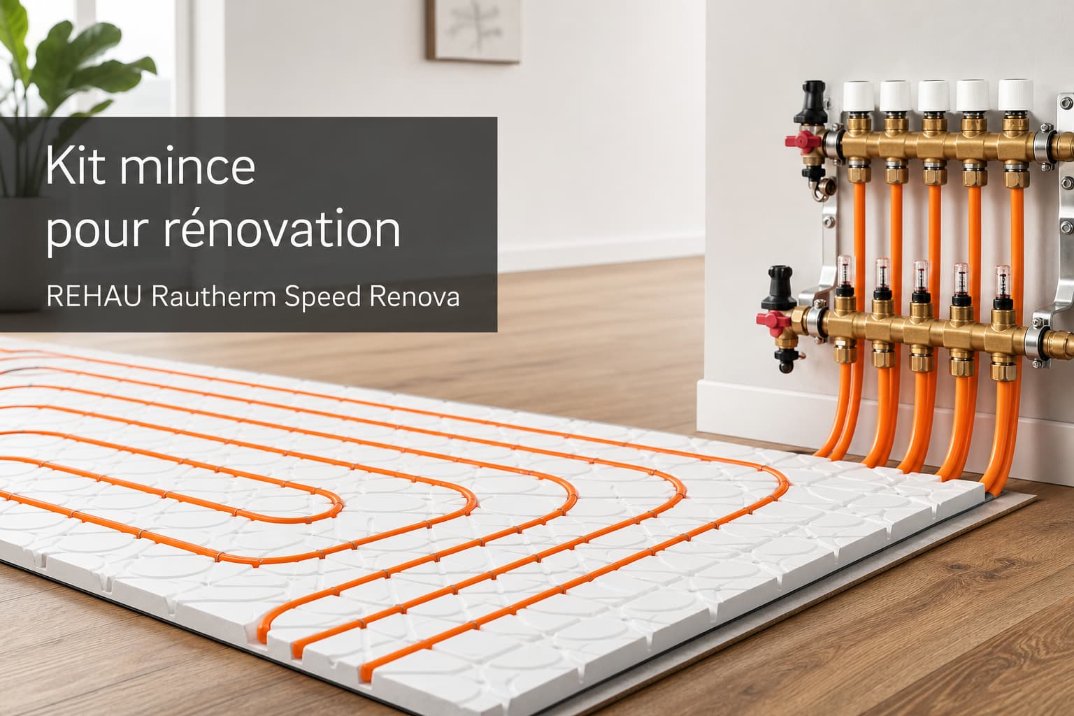 Tuyaux PE-Xa orange, panneaux isolants blancs rainurés et collecteur en laiton posés sur un plancher bois, éclairage doux, surimpression