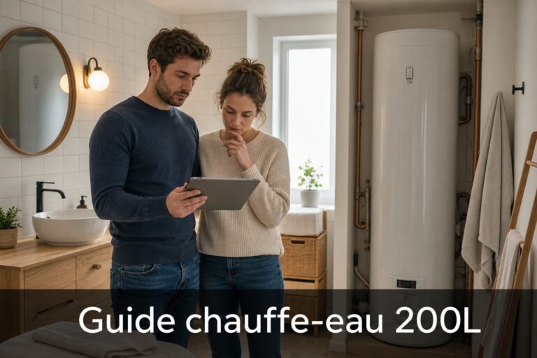 Dans une salle de bain moderne aux carreaux blancs, un jeune couple regarde une tablette devant un grand chauffe-eau, avec un bandeau sombre en bas portant le texte Guide chauffe-eau 200L.