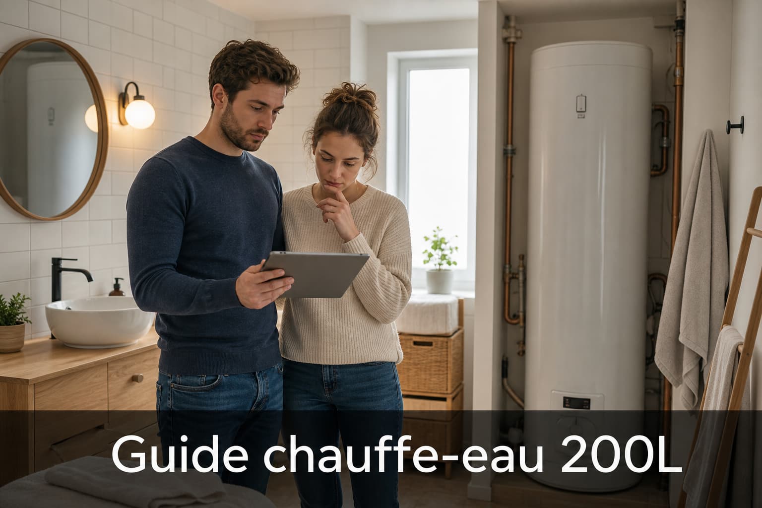 Dans une salle de bain moderne aux carreaux blancs, un jeune couple regarde une tablette devant un grand chauffe-eau, avec un bandeau sombre en bas portant le texte Guide chauffe-eau 200L.