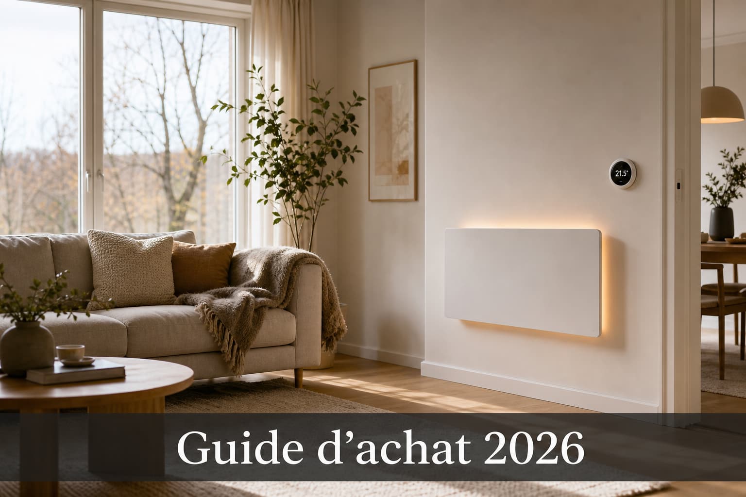 Salon moderne de style scandinave avec un radiateur à inertie mural élégant, une lueur chaude, un thermomètre affichant une température confortable, et un bandeau superposé