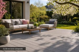 Terrasse en lames composite avec texture bois gris clair, mobilier de jardin moderne, lumière du soleil, pelouse verte et bandeau textuel 'Guide terrasse composite'.