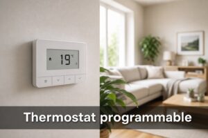 Un thermostat blanc moderne fixé au mur d'un salon lumineux, avec lumière du jour, plante verte à proximité, affichant 19°C, canapé confortable et parquet en fond, surimpression texte 'Thermostat programmable' en bas.