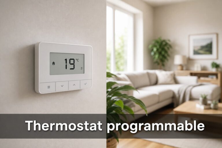 Un thermostat blanc moderne fixé au mur d'un salon lumineux, avec lumière du jour, plante verte à proximité, affichant 19°C, canapé confortable et parquet en fond, surimpression texte 'Thermostat programmable' en bas.