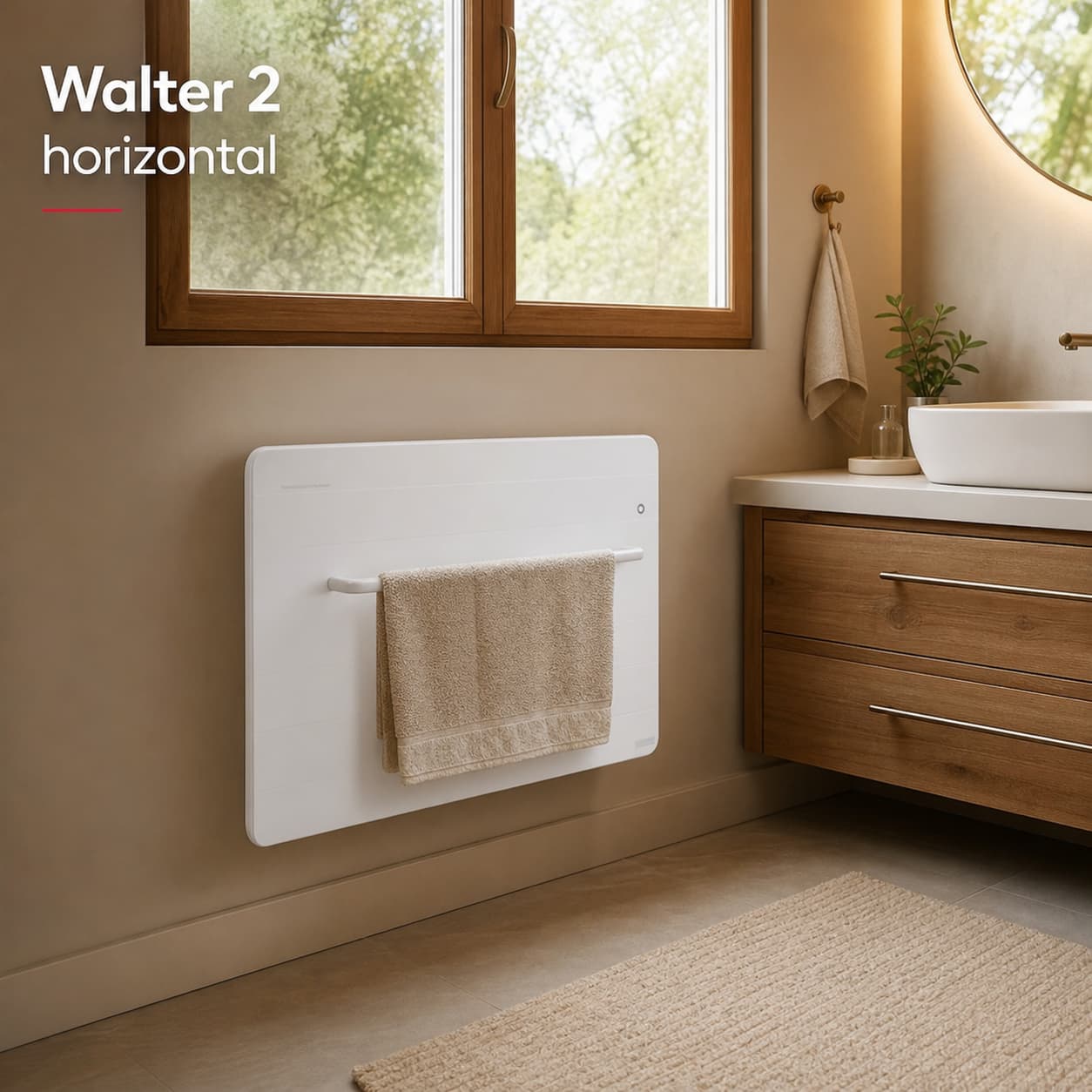 Radiateur compact Noirot Walter 2 horizontal blanc fixé au bas d