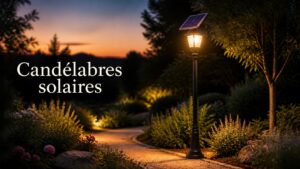 Candélabre solaire allumé au crépuscule dans un jardin, avec son panneau solaire et superposition du texte 'Candélabres solaires'.