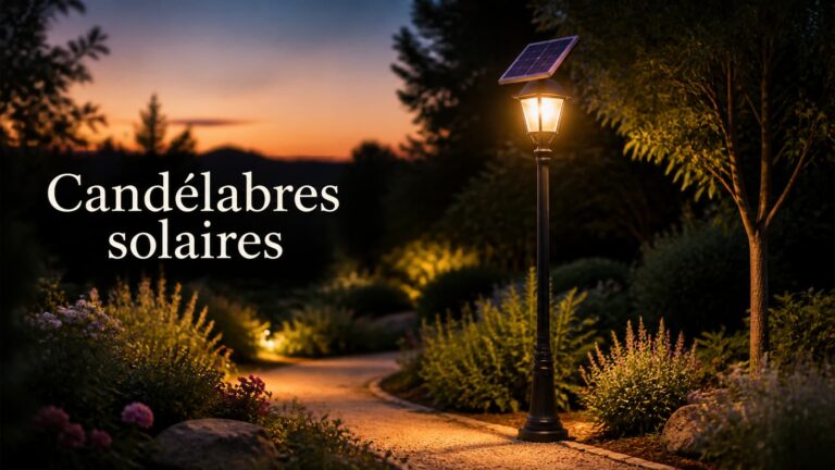 Candélabre solaire allumé au crépuscule dans un jardin, avec son panneau solaire et superposition du texte 'Candélabres solaires'.
