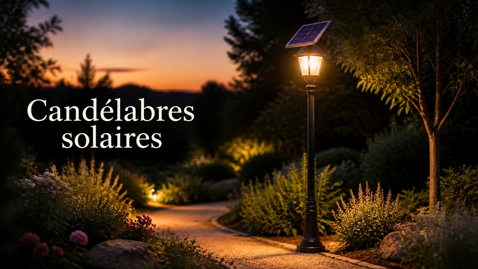 Candélabre solaire allumé au crépuscule dans un jardin avec son panneau