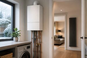 Chaudière murale à condensation et tuyauterie soignée installées dans une buanderie lumineuse d'une maison rénovée.