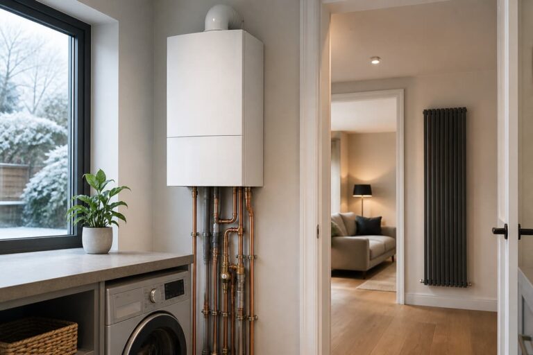Chaudière murale à condensation et tuyauterie soignée installées dans une buanderie lumineuse d'une maison rénovée.