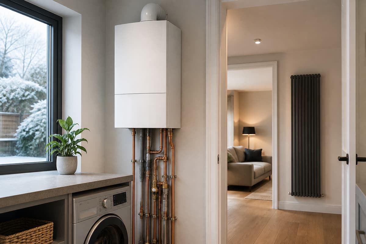 Chaudière murale à condensation et tuyauterie soignée installées dans une buanderie lumineuse d'une maison rénovée.