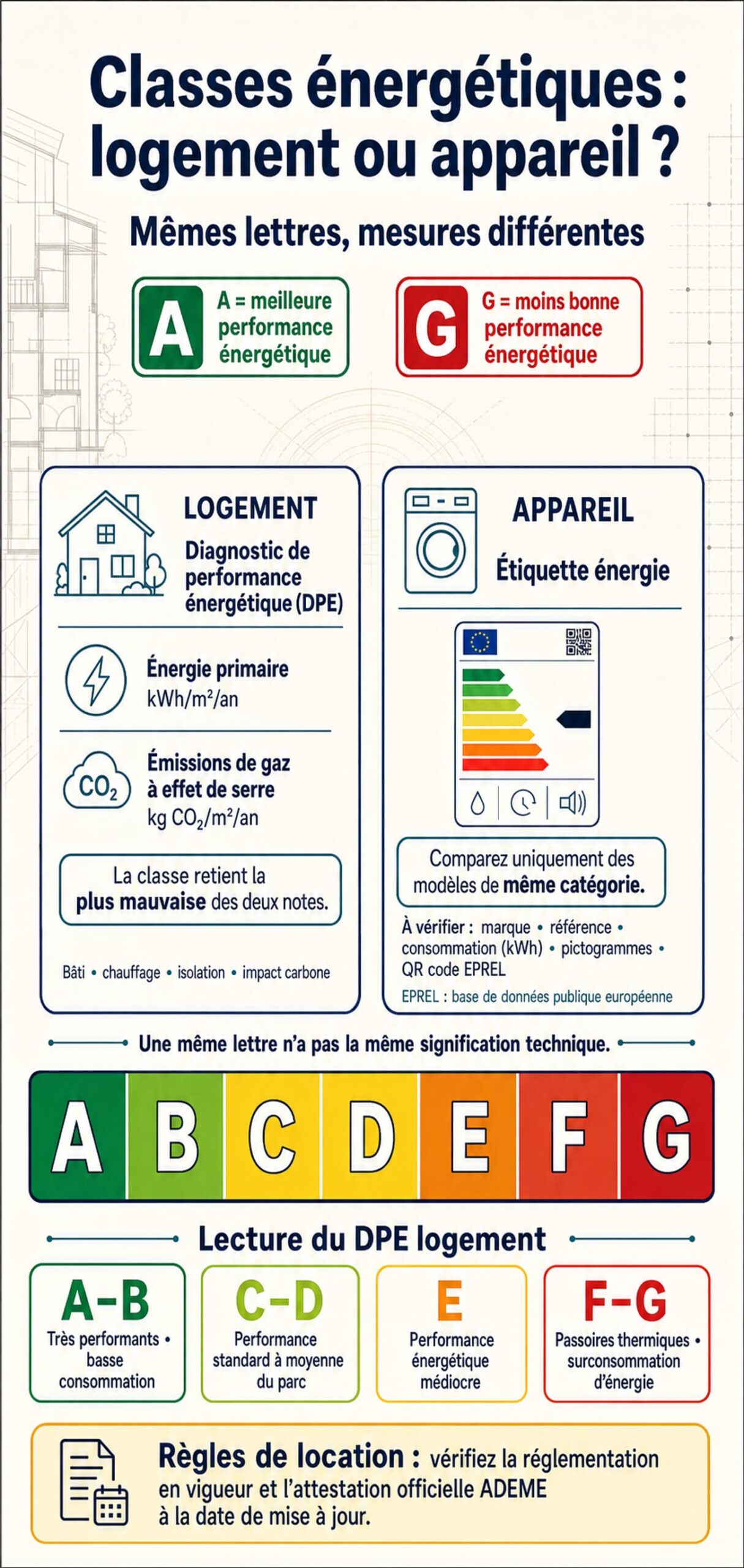 Infographie comparative des classes énergétiques A à G pour logement et électroménager