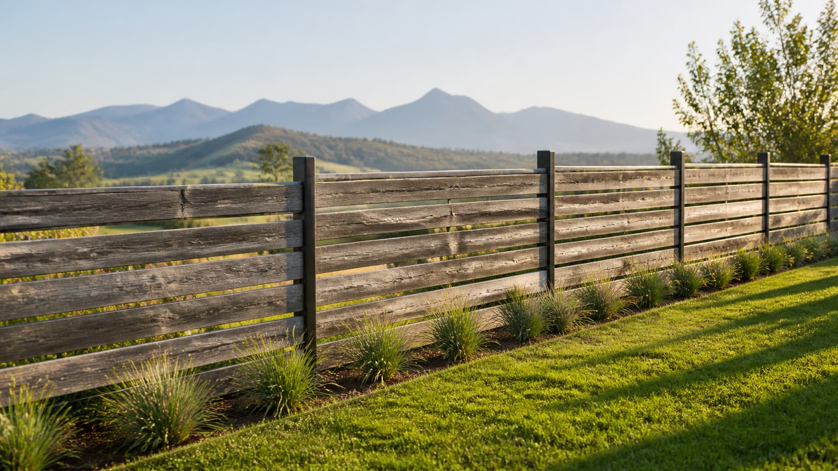 Clôture contemporaine en bois grisé avec lames horizontales sur poteaux métalliques dans un jardin en pente avec vue sur les montagnes.