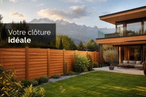 Clôture en bois de style moderne dans un jardin résidentiel, avec une maison contemporaine et des montagnes en arrière-plan, et le texte 'Votre clôture idéale' en surimpression.