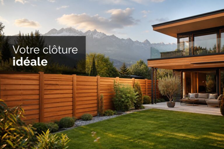 Clôture en bois de style moderne dans un jardin résidentiel, avec une maison contemporaine et des montagnes en arrière-plan, et le texte 'Votre clôture idéale' en surimpression.