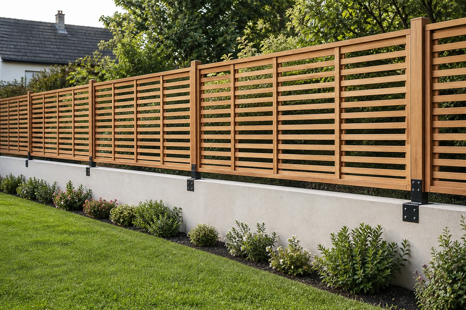 Clôture en bois ajourée fixée sur un muret avec des équerres métalliques apparentes, dans un jardin.