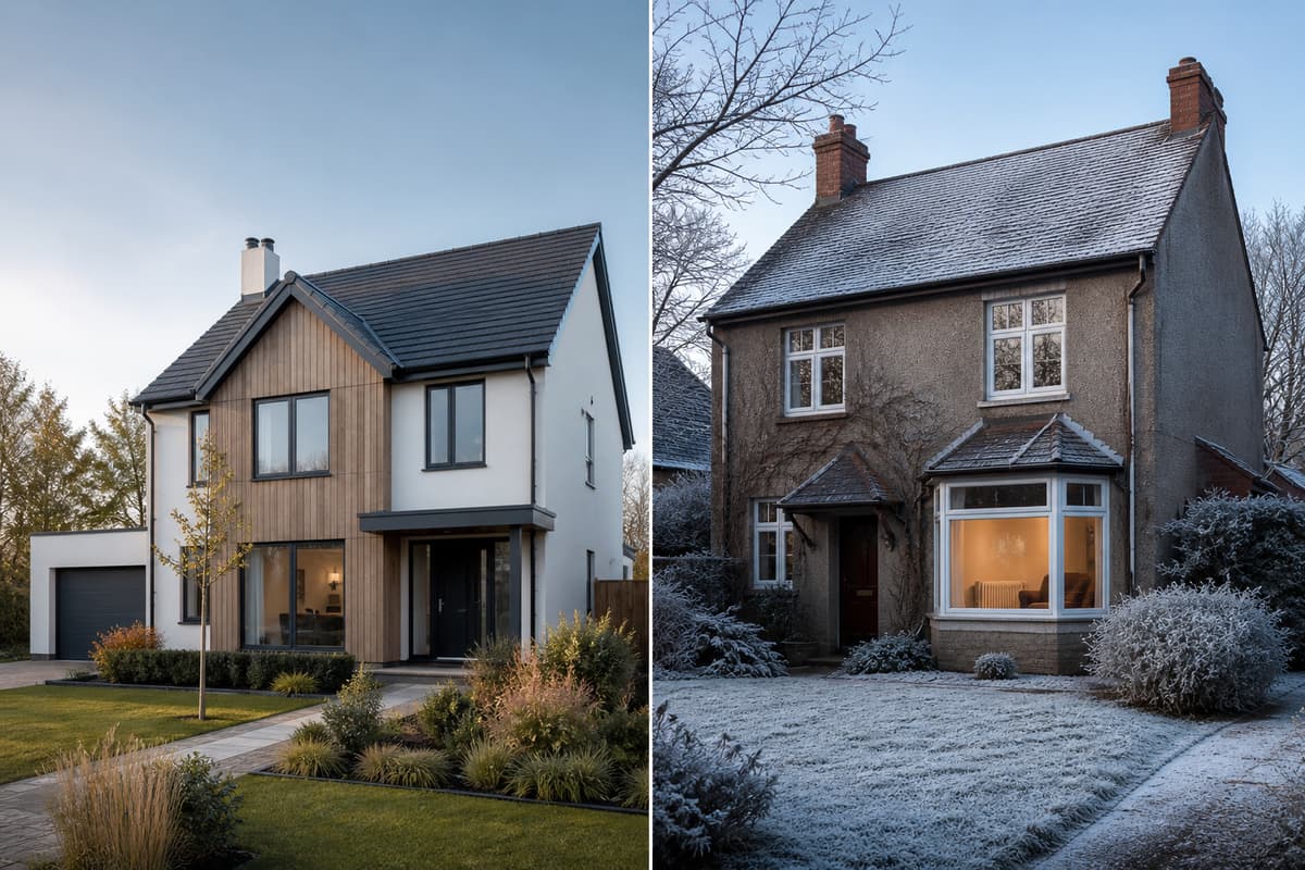 Vue comparative de deux maisons de taille similaire, l'une moderne et bien isolée par climat doux, l'autre plus ancienne par temps froid laissant entrevoir un radiateur à eau intérieur.