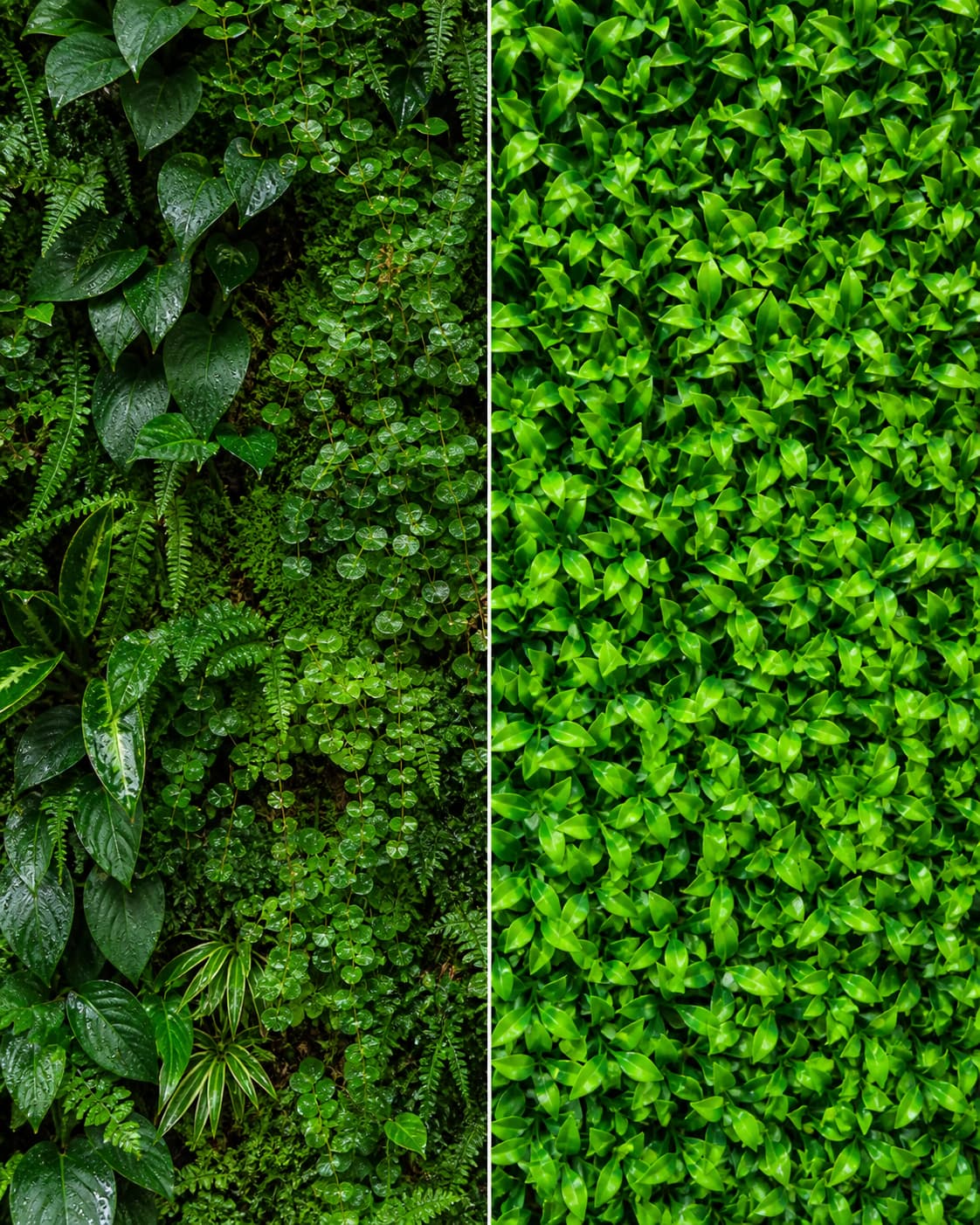 Gros plan comparatif montrant à gauche un mur végétal naturel avec feuillage diversifié et gouttelettes d