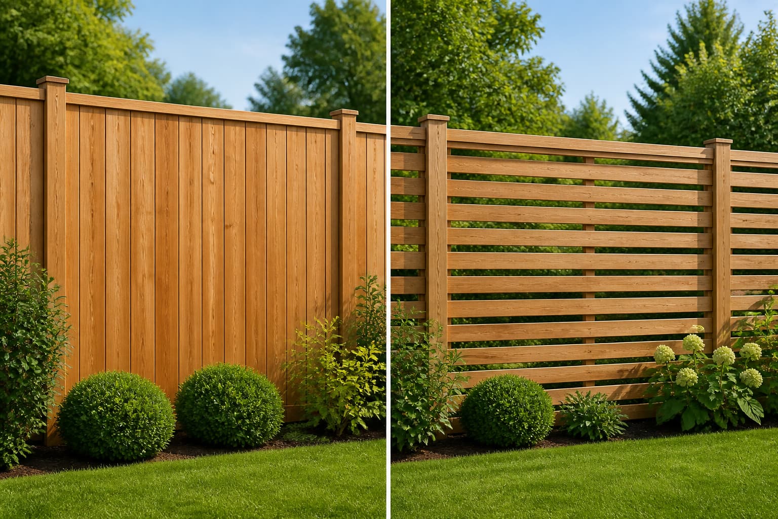 Deux clôtures en bois installées dans un même jardin : à gauche, une palissade pleine occultante ; à droite, une clôture à claire-voie ajourée.