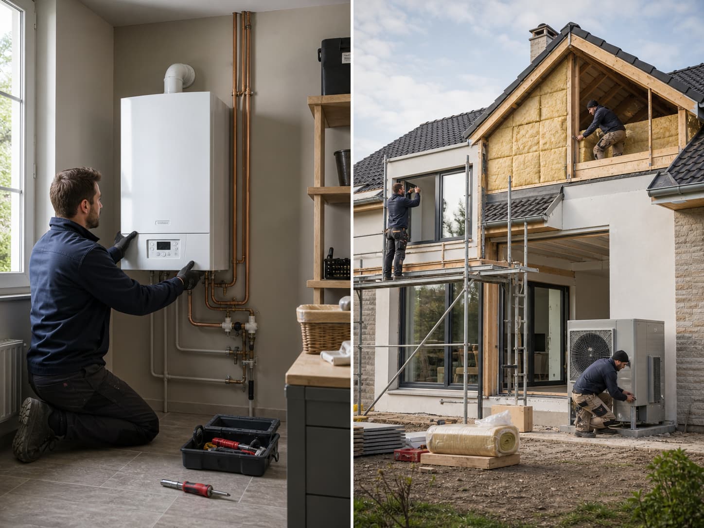 À gauche, une chaudière neuve symbolisant un geste unique de rénovation ; à droite, une maison avec plusieurs travaux en cours (isolation, fenêtres, chauffage).