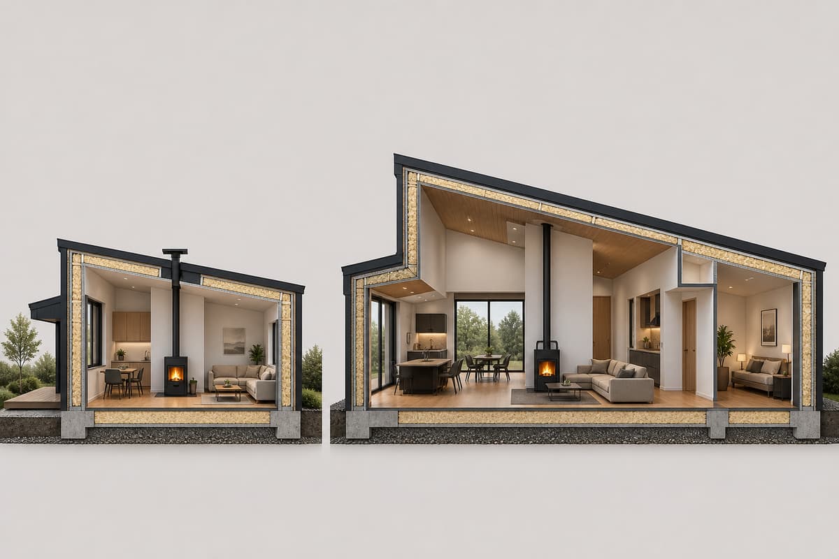 Vue comparative de deux maisons contemporaines de tailles différentes équipées chacune d'un poêle à granulés dans le séjour.