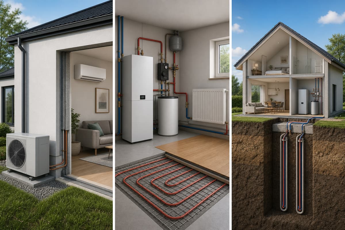 Vue comparative en trois volets montrant une pompe à chaleur air-air, un modèle air-eau raccordé au chauffage intérieur et une installation géothermique avec captage dans le sol.