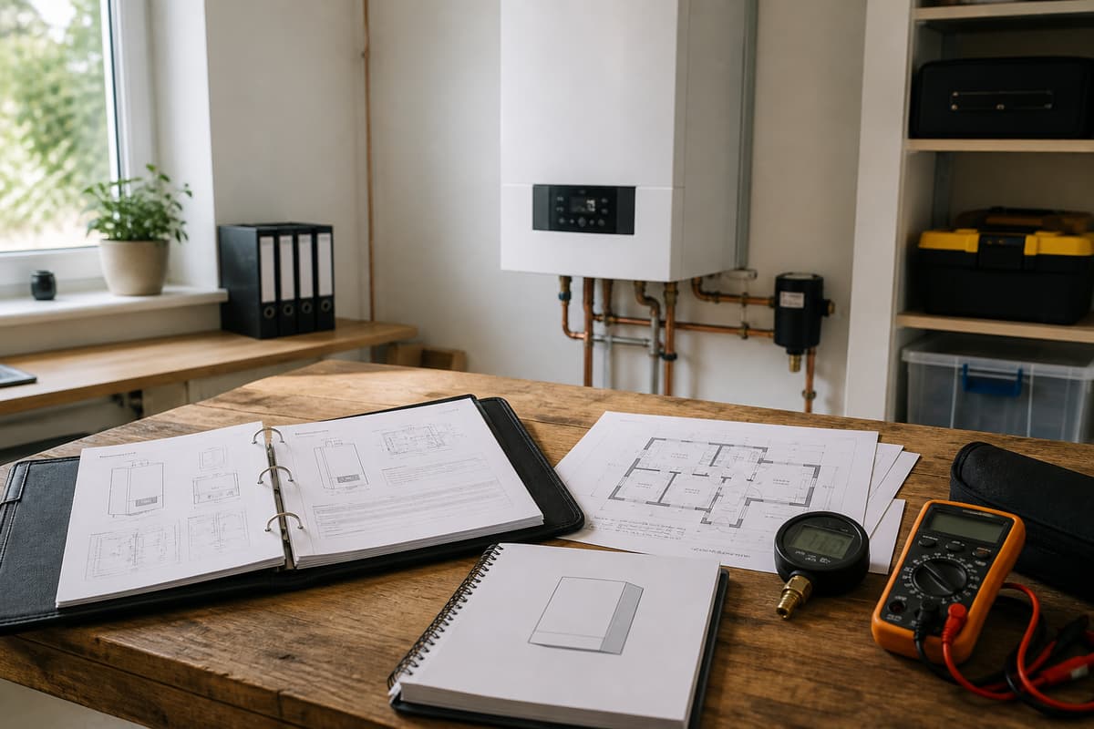 Dossier de devis technique, plan de logement simplifié et outils de contrôle posés sur une table devant une chaudière murale installée.