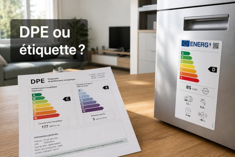 Document de diagnostic DPE posé sur une table en bois à côté d'un appareil électroménager affichant une étiquette énergie colorée.