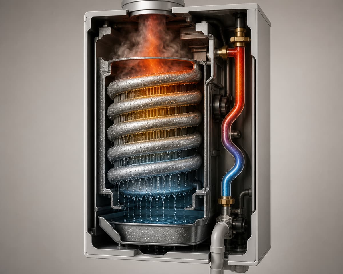 Vue en coupe d’un échangeur thermique où la vapeur des fumées se condense en gouttelettes d’eau pour réchauffer le circuit de chauffage.