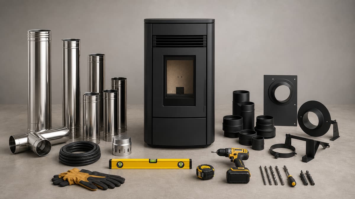 Un poêle à granulés noir entouré de conduits de fumée en inox, de pièces de raccordement et d'outils de montage disposés au sol.