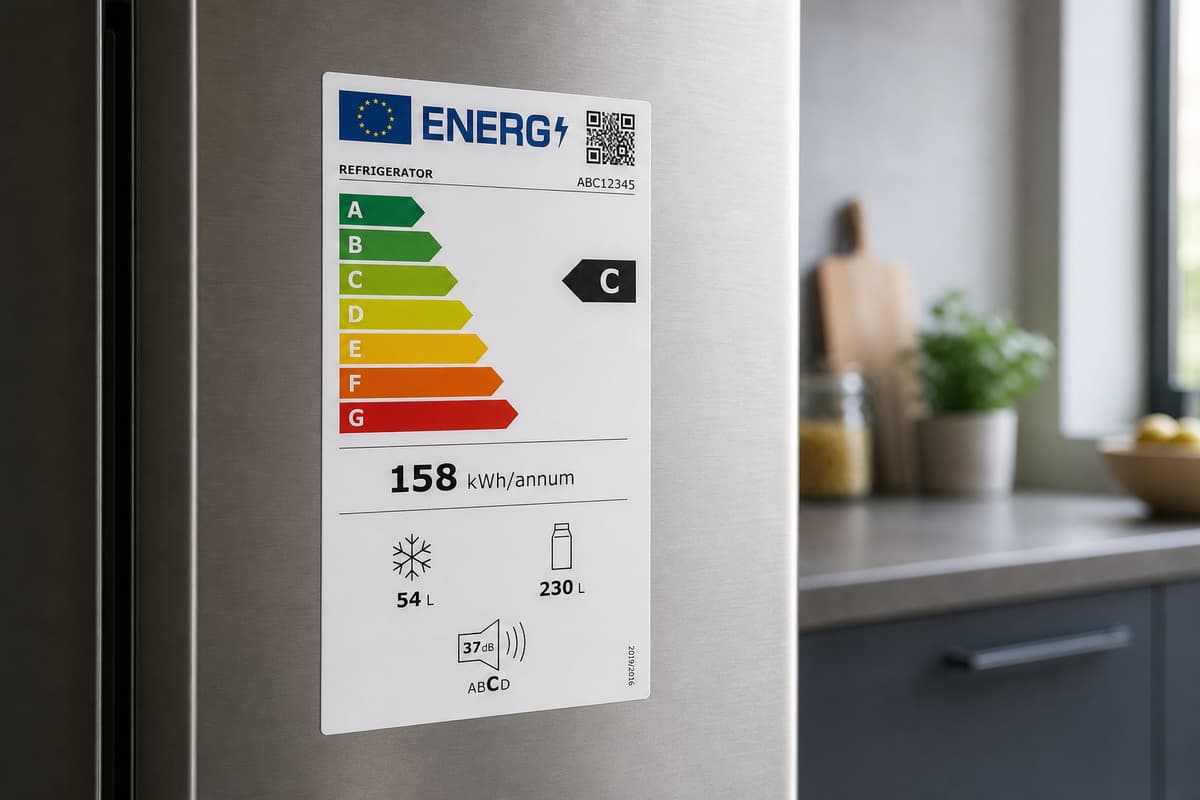 Gros plan sur une étiquette énergie d'appareil électroménager avec échelle de A à G