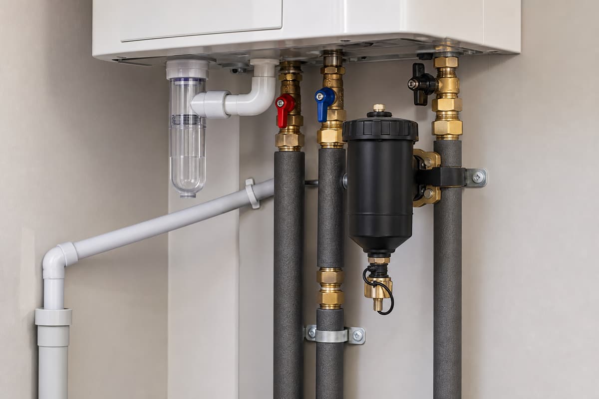 Raccordement d'un siphon de condensats avec tuyau d'évacuation incliné et filtre de protection sous une chaudière.
