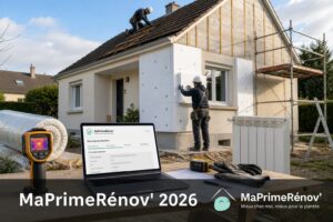 Maison en rénovation énergétique avec ouvriers, matériaux et outils, surmontée du texte 'MaPrimeRénov' 2026' et du logo officiel.