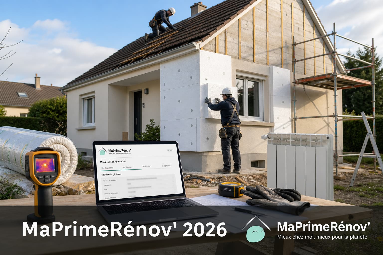 Maison en rénovation énergétique avec ouvriers, matériaux et outils, surmontée du texte
