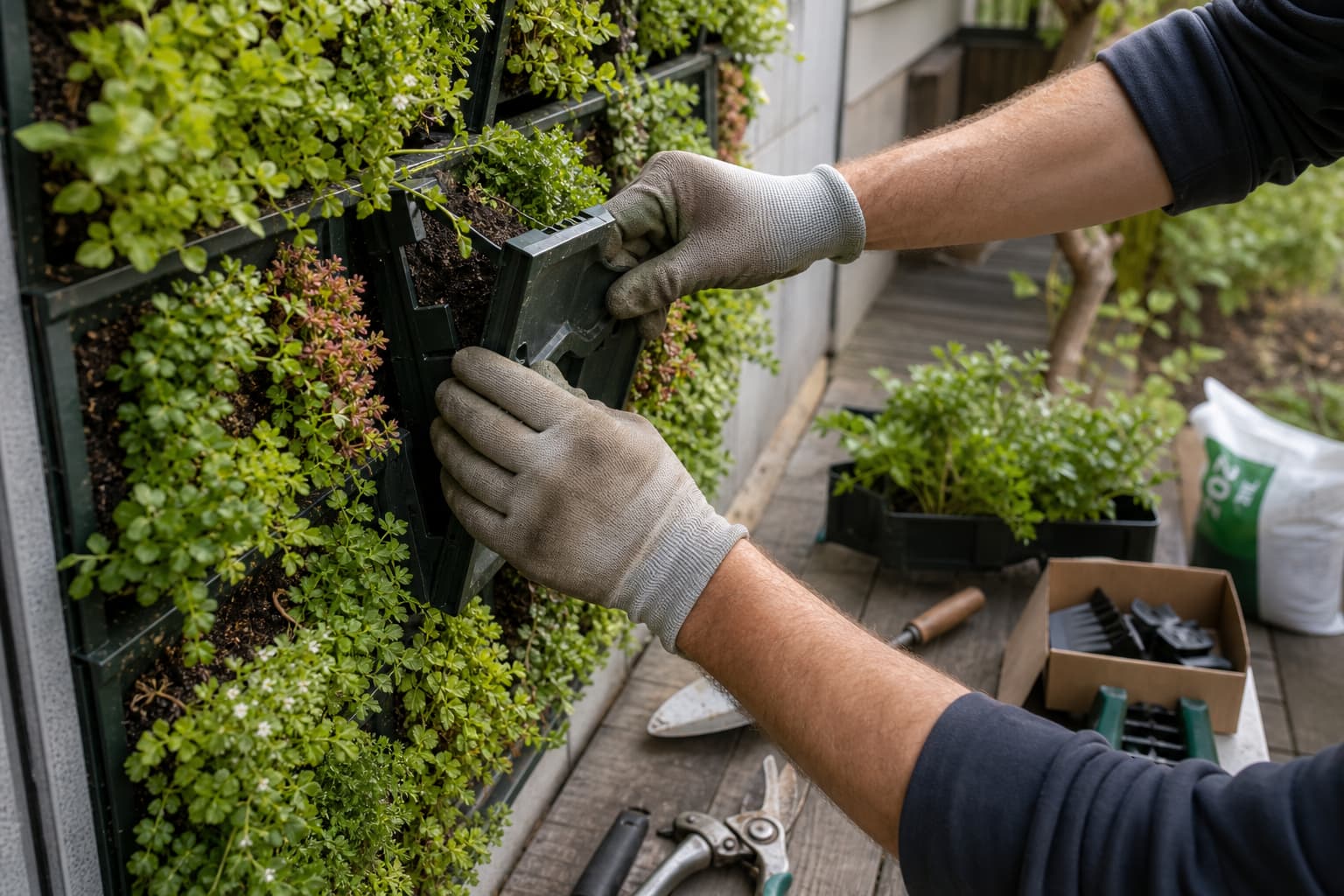 Des mains gantées fixent un module végétal pré-planté sur un mur extérieur partiellement recouvert de plantes, avec des outils à proximité.