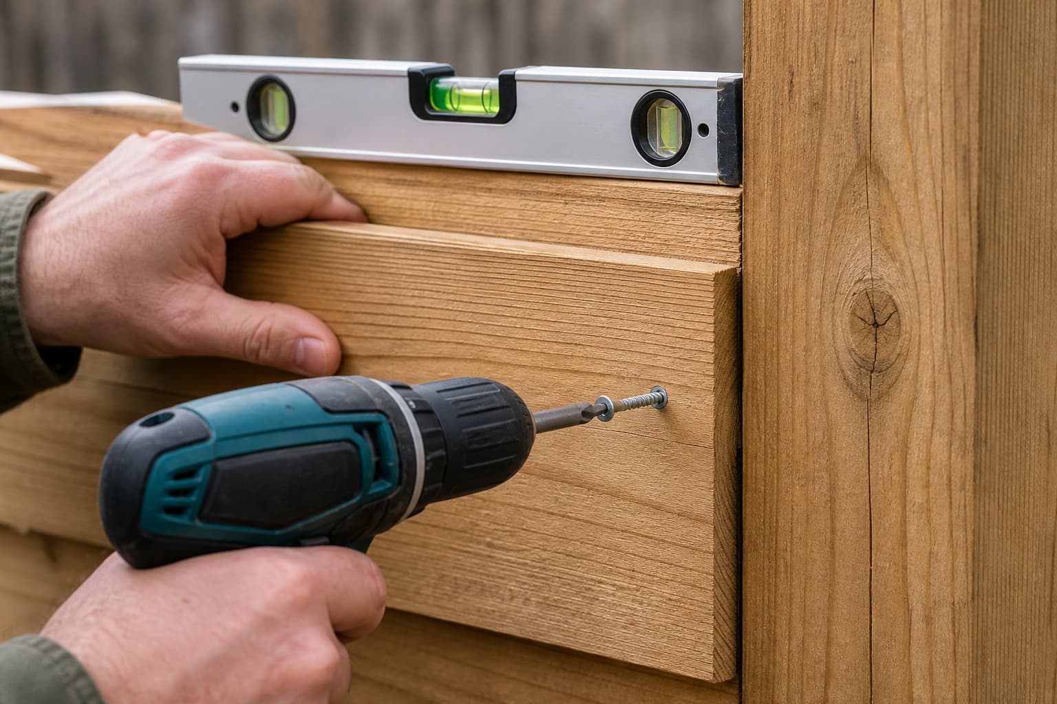 Gros plan sur des mains fixant un panneau de clôture en bois à un poteau à l’aide d’une visseuse, avec un niveau à bulle posé sur le panneau et des vis inoxydables visibles.