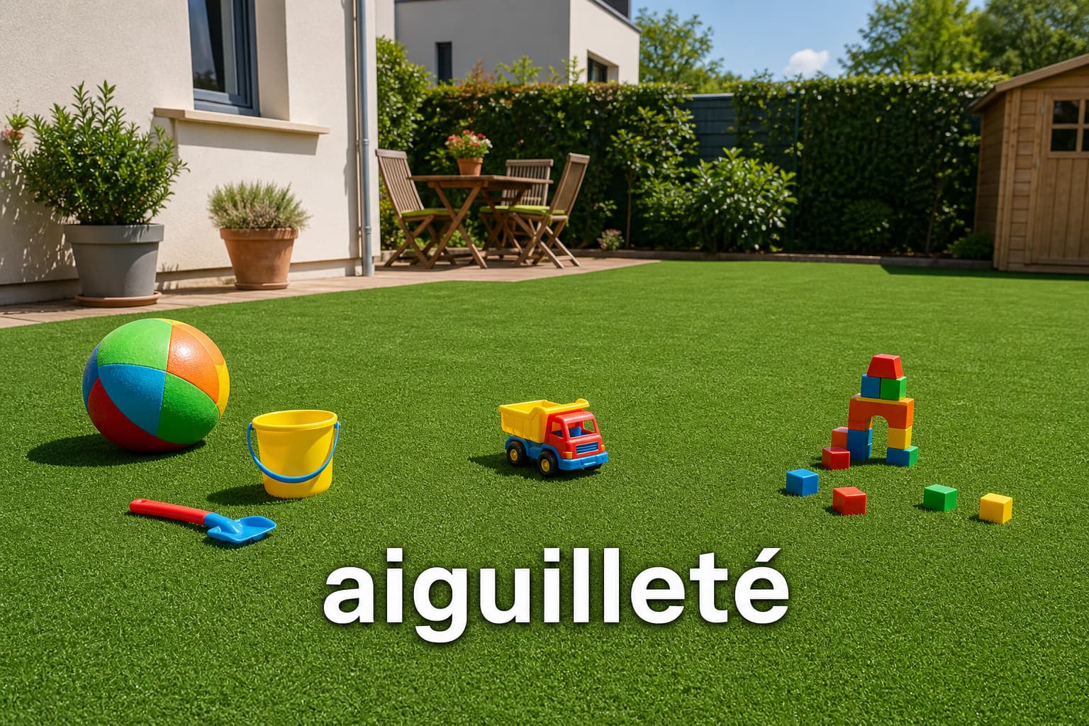 Gazon synthétique de type aiguilleté recouvrant un petit jardin avec des jouets d