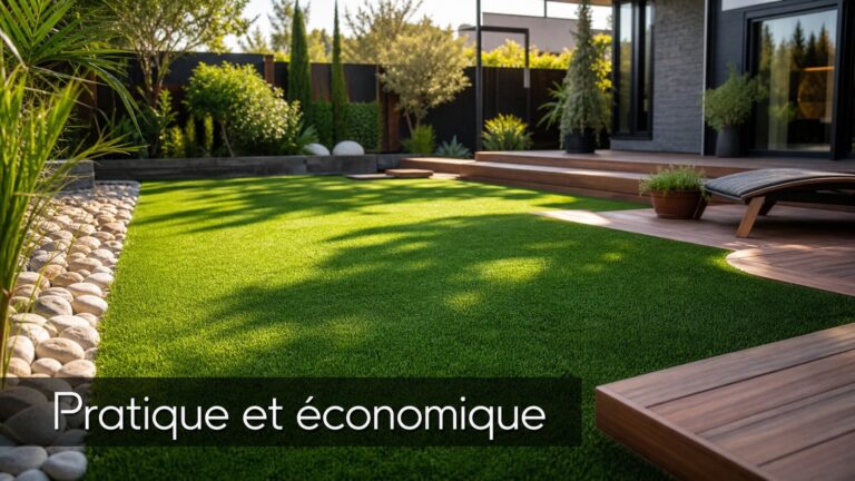 Pelouse artificielle verte et luxuriante dans un jardin moderne baigné de soleil, avec des ombres douces, des pierres naturelles, une terrasse en bois et le texte 'Pratique et économique' en surimpression.