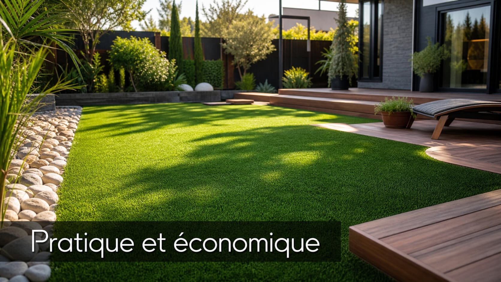 Pelouse artificielle verte et luxuriante dans un jardin moderne baigné de soleil, avec des ombres douces, des pierres naturelles, une terrasse en bois et le texte