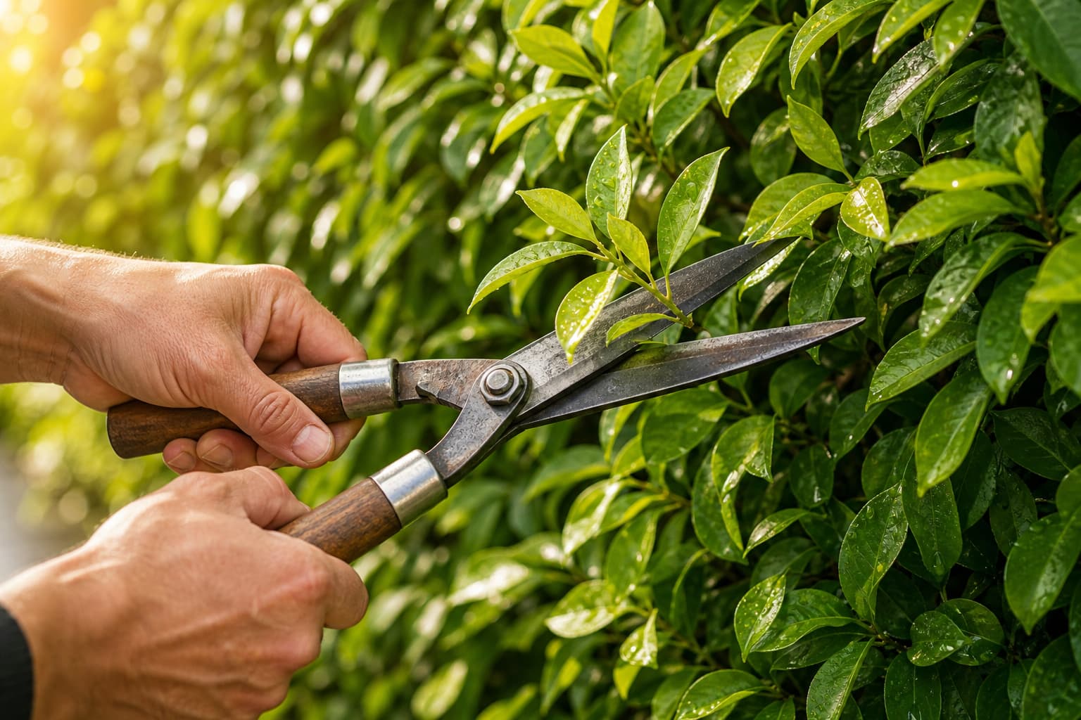 Gros plan de sécateurs coupant une branche d'un mur végétal extérieur, mains visibles, avec mise au point sur la branche coupée et feuilles saines, sous une lumière chaude et des gouttes d'eau.