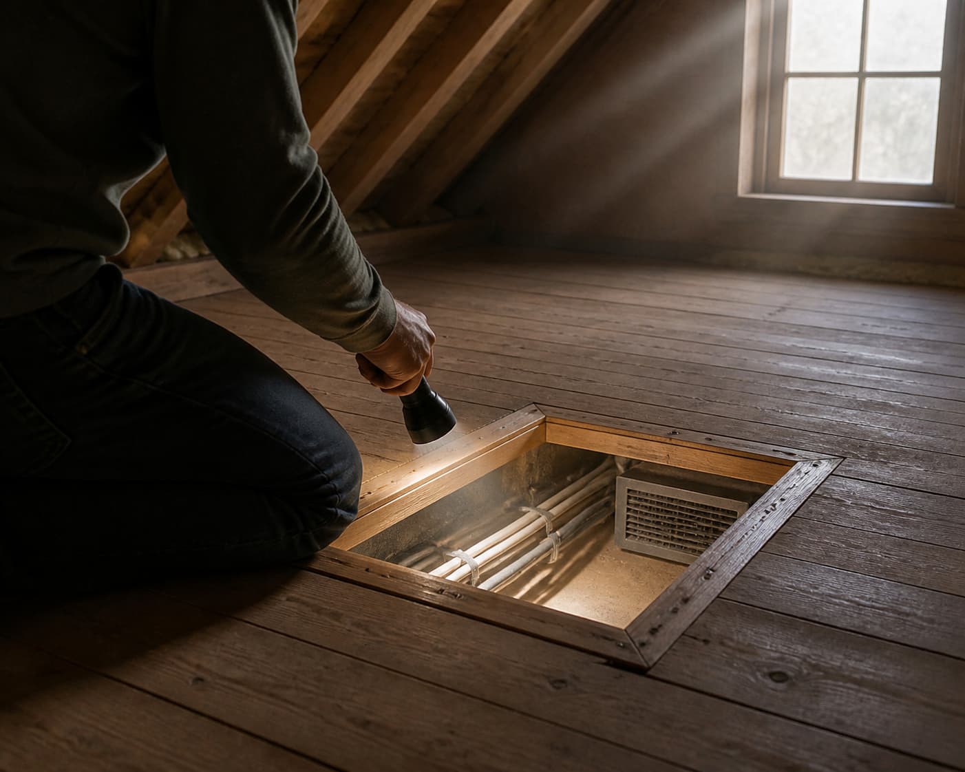 Propriétaire agenouillé sur un plancher de combles inspectant une trappe de visite avec une lampe torche, à proximité d