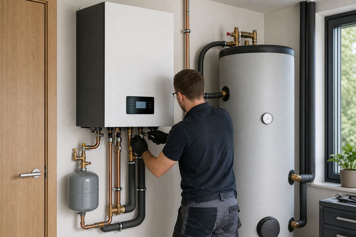 Installateur travaillant sur les raccordements hydrauliques d'un module intérieur de pompe à chaleur et d'un ballon d'eau chaude dans un local technique ordonné.
