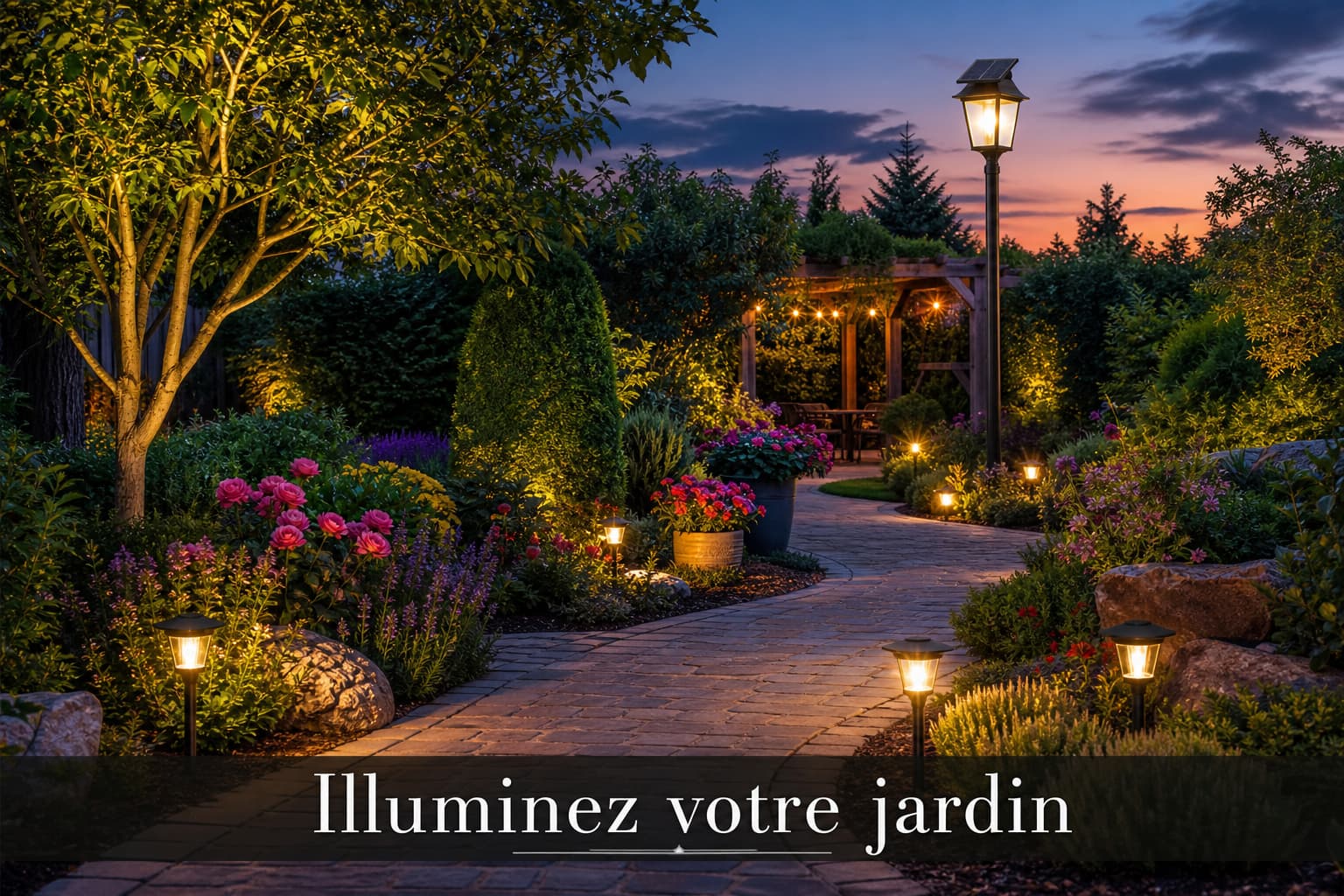 Allée de jardin au crépuscule illuminée par des lampes solaires, avec un lampadaire solaire en arrière-plan, verdure luxuriante et fleurs, et le texte ‘Illuminez votre jardin’ en surimpression.