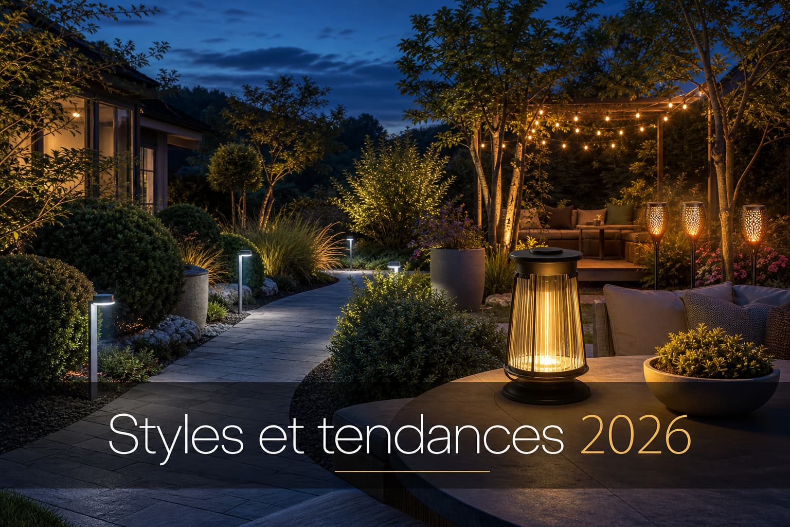 Un jardin moderne au crépuscule présente trois tendances d’éclairage solaire : des bornes design, une lanterne haut de gamme, des guirlandes et torches, avec le texte
