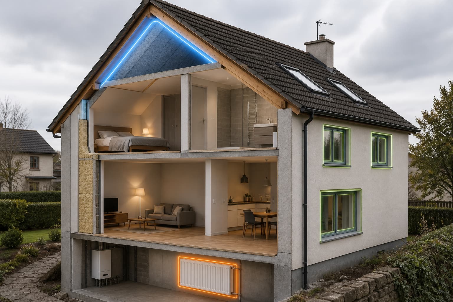 Maison avec zones surlignées montrant la toiture, les fenêtres, un radiateur et l