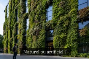 Mur végétal luxuriant recouvrant une façade de bâtiment moderne, avec une personne observant, et le texte 'Naturel ou artificiel ?' en surimpression.
